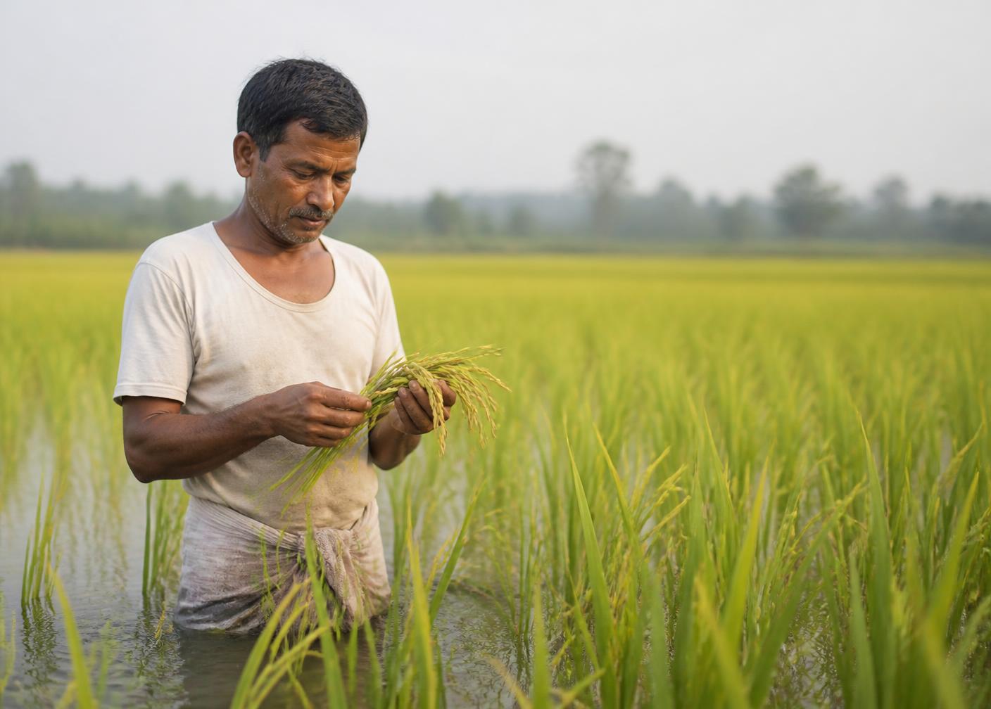 Indian farmer inspecting ripe paddy stalks in his field at golden hour
