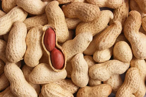 Peanuts in their shells with one split open showing two red kernels