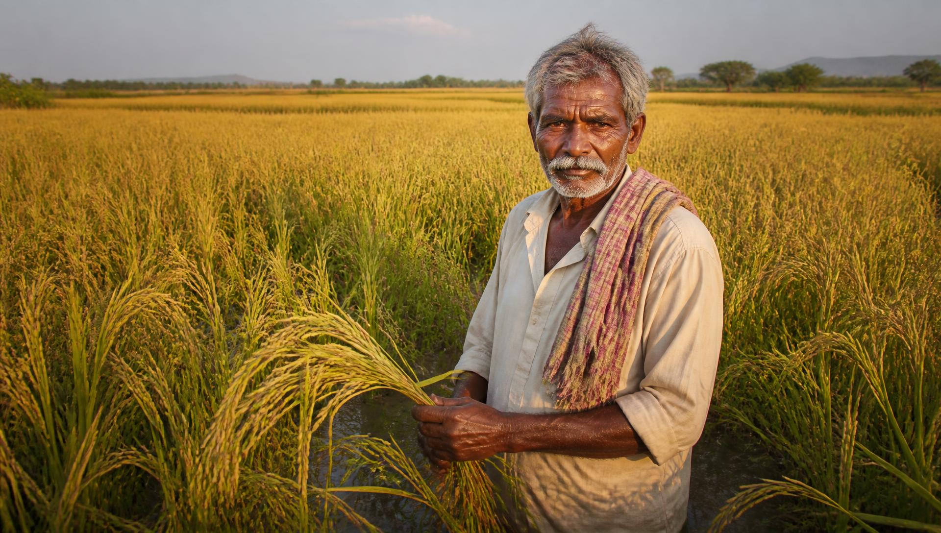 Elderly farmer standing among ripe paddy stalks in his field in the late afternoon